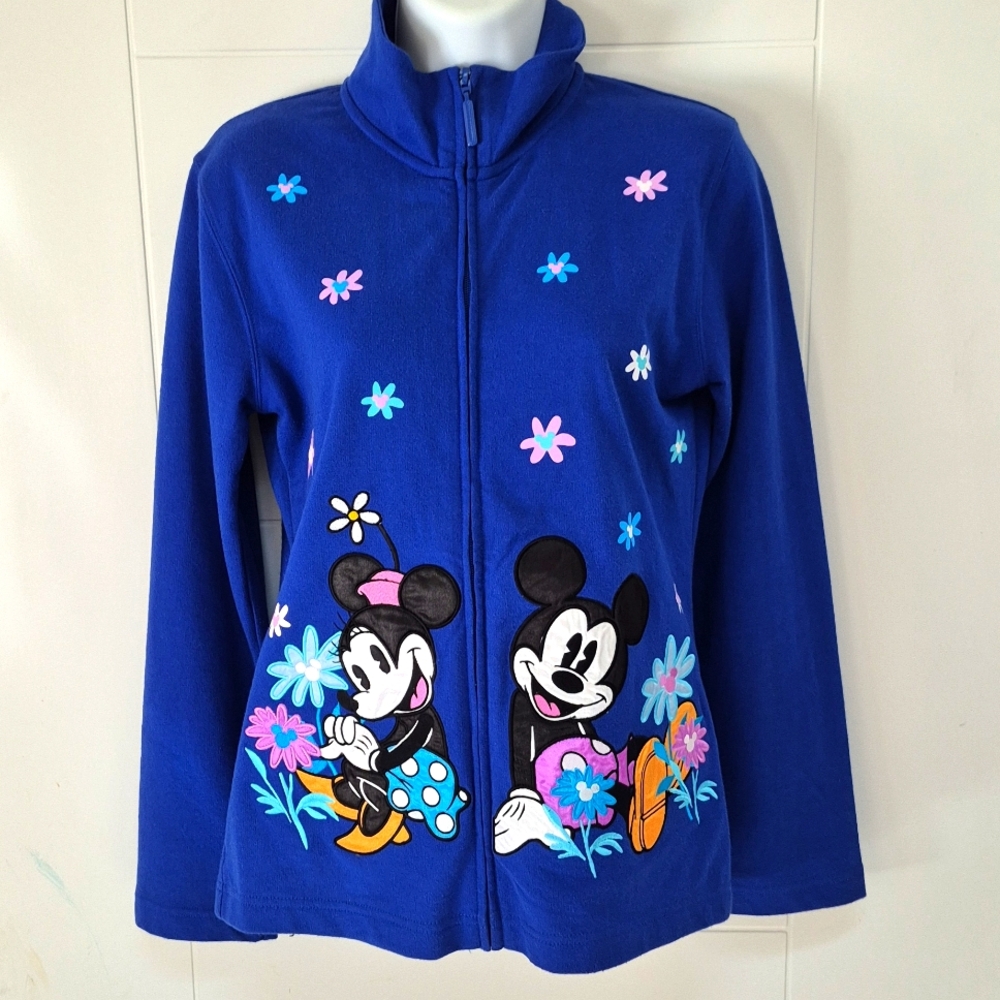 Disney Parks Embroidered Minnie Mickey Goofy Duck Flower Zip-Up Sweatshirt XS